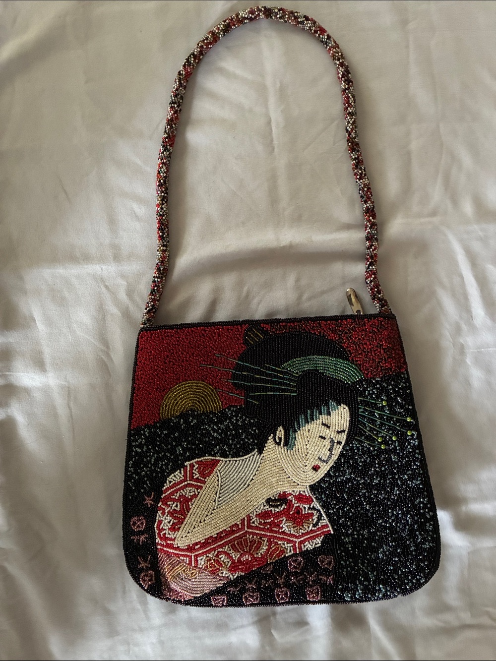 Chicos Beaded Evening Shoulder Bag with Geisha Motif - Red & Black